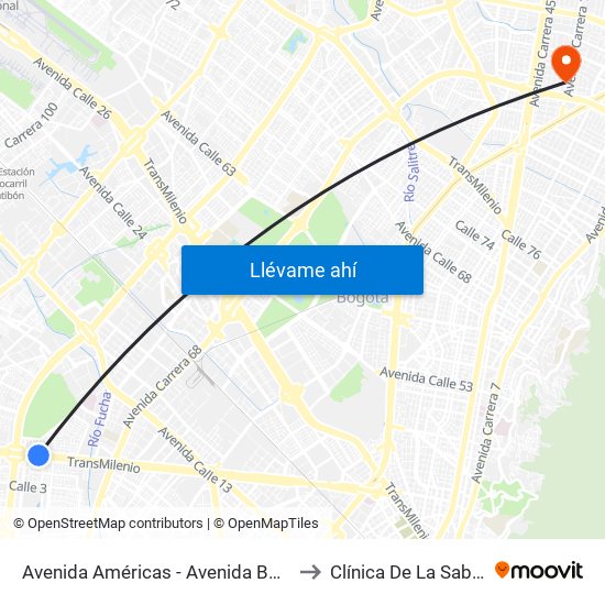 Avenida Américas - Avenida Boyacá to Clínica De La Sabana map