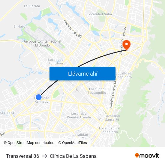 Transversal 86 to Clínica De La Sabana map