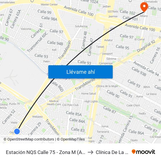 Estación NQS Calle 75 - Zona M (Av. NQS - Cl 75) to Clínica De La Sabana map