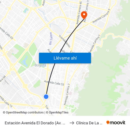 Estación Avenida El Dorado (Av. NQS - Cl 40a) to Clínica De La Sabana map