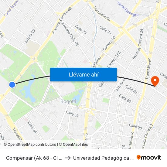 Compensar (Ak 68 - Cl 49a) (B) to Universidad Pedagógica Nacional map