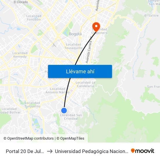 Portal 20 De Julio to Universidad Pedagógica Nacional map