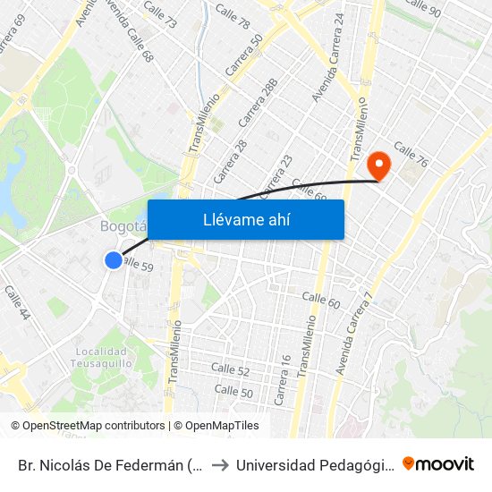 Br. Nicolás De Federmán (Ak 50 - Cl 59) to Universidad Pedagógica Nacional map