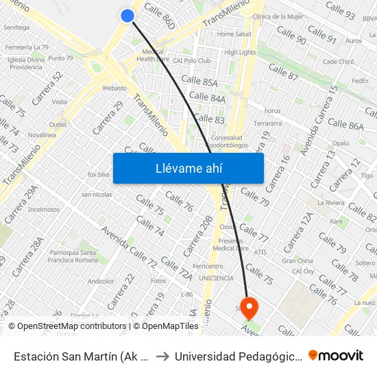 Estación San Martín (Ak 50 - Cl 86b) to Universidad Pedagógica Nacional map