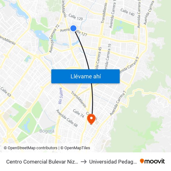 Centro Comercial Bulevar Niza (Ac 127 - Av. Villas) to Universidad Pedagógica Nacional map