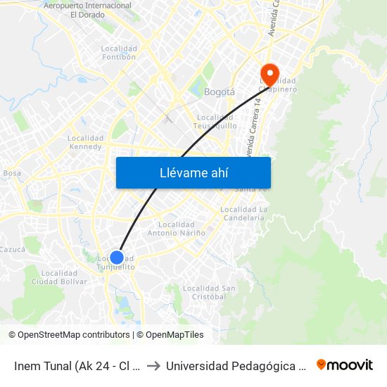 Inem Tunal (Ak 24 - Cl 52 Sur) to Universidad Pedagógica Nacional map