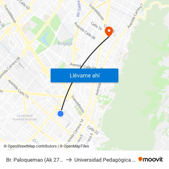 Br. Paloquemao (Ak 27 - Ac 19) to Universidad Pedagógica Nacional map