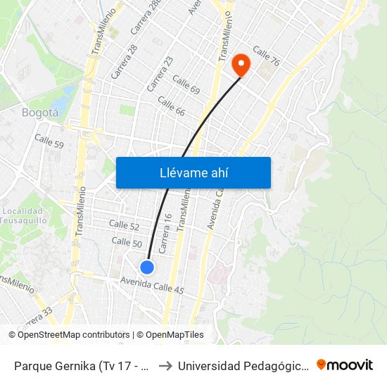 Parque Gernika (Tv 17 - Dg 46a) (A) to Universidad Pedagógica Nacional map