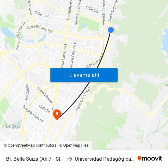 Br. Bella Suiza (Ak 7 - Cl 129) (A) to Universidad Pedagógica Nacional map