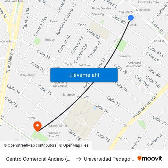 Centro Comercial Andino (Ak 11 - Ac 82) (A) to Universidad Pedagógica Nacional map