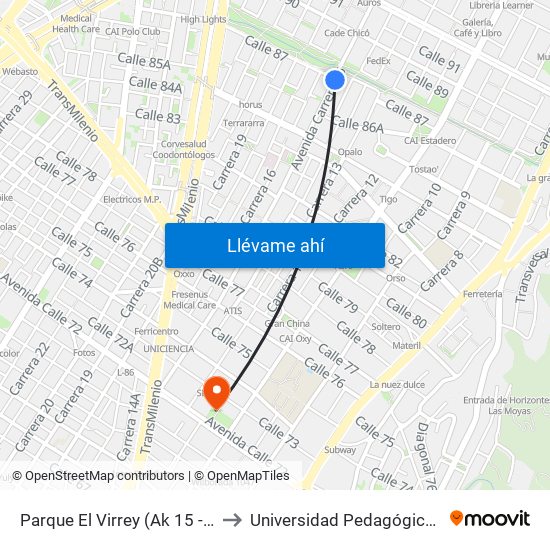 Parque El Virrey (Ak 15 - Cl 87) (A) to Universidad Pedagógica Nacional map