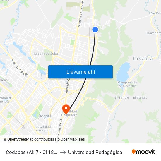 Codabas (Ak 7 - Cl 181a) (A) to Universidad Pedagógica Nacional map