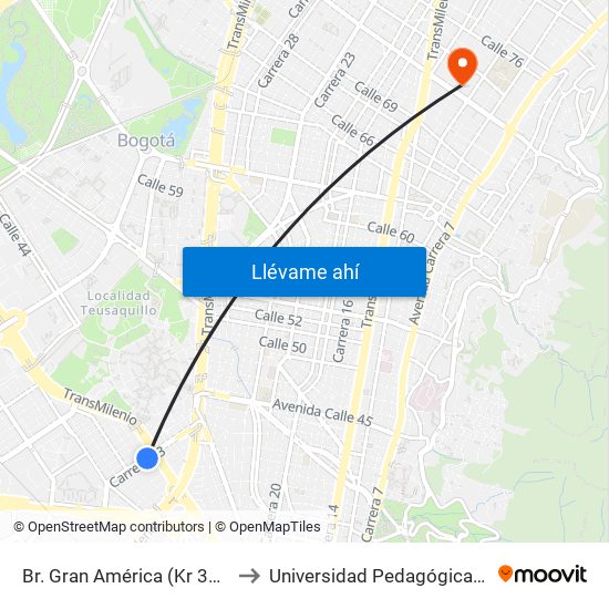 Br. Gran América (Kr 33 - Ac 26) to Universidad Pedagógica Nacional map