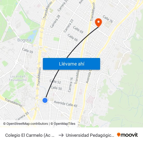 Colegio El Carmelo (Ac 45 - Kr 25a) to Universidad Pedagógica Nacional map