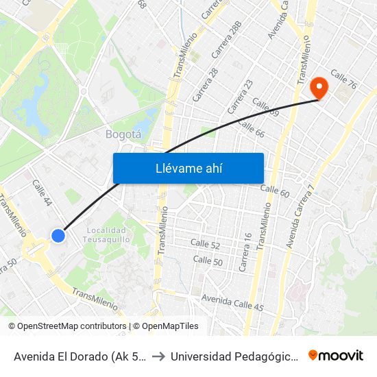 Avenida El Dorado (Ak 50 - Ac 26) to Universidad Pedagógica Nacional map