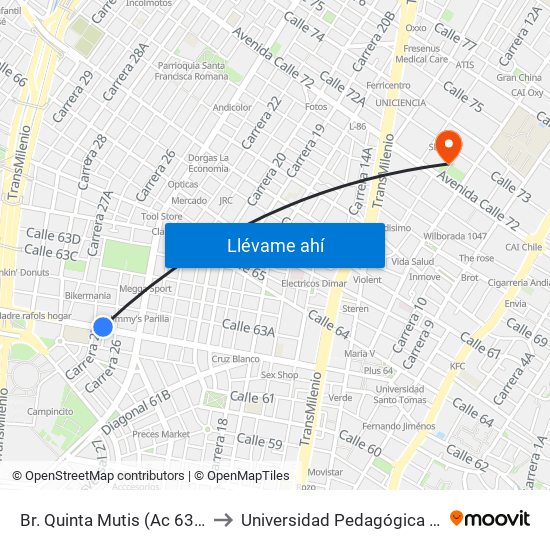 Br. Quinta Mutis (Ac 63 - Kr 26) to Universidad Pedagógica Nacional map