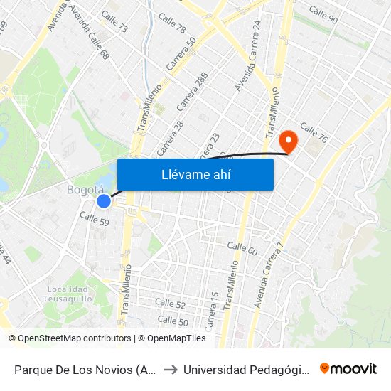 Parque De Los Novios (Ac 63 - Kr 45) to Universidad Pedagógica Nacional map