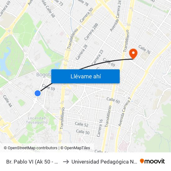 Br. Pablo VI (Ak 50 - Cl 57d) to Universidad Pedagógica Nacional map