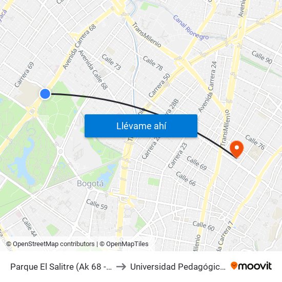 Parque El Salitre (Ak 68 - Ac 63) (A) to Universidad Pedagógica Nacional map