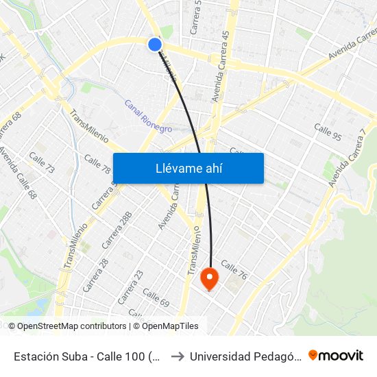 Estación Suba - Calle 100 (Ac 100 - Kr 60) (A) to Universidad Pedagógica Nacional map
