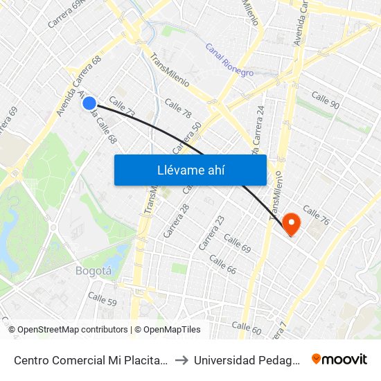 Centro Comercial Mi Placita (Ac 68 - Kr 65) (A) to Universidad Pedagógica Nacional map