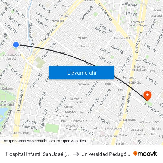 Hospital Infantil San José (Ac 68 - Kr 53) (A) to Universidad Pedagógica Nacional map