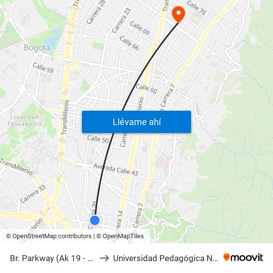 Br. Parkway (Ak 19 - Ac 34) to Universidad Pedagógica Nacional map