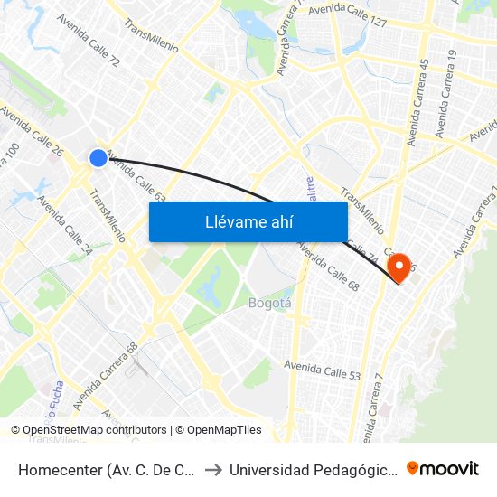 Homecenter (Av. C. De Cali - Cl 52a) to Universidad Pedagógica Nacional map