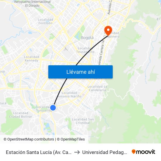 Estación Santa Lucía (Av. Caracas - Dg 45c Sur) to Universidad Pedagógica Nacional map