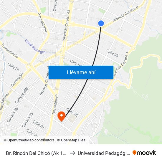 Br. Rincón Del Chicó (Ak 15 - Cl 101) (A) to Universidad Pedagógica Nacional map