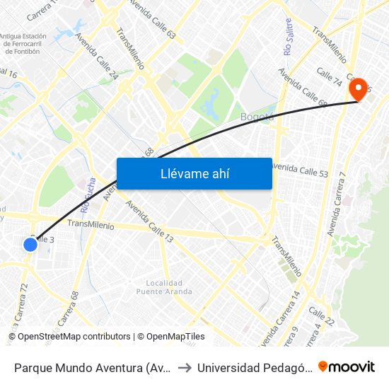 Parque Mundo Aventura (Av. Boyacá - Cl 2) (A) to Universidad Pedagógica Nacional map