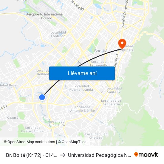 Br. Boitá (Kr 72j - Cl 47 Sur) to Universidad Pedagógica Nacional map