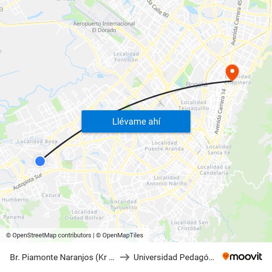 Br. Piamonte Naranjos (Kr 78c - Cl 70 Sur) to Universidad Pedagógica Nacional map