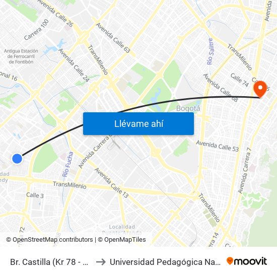 Br. Castilla (Kr 78 - Cl 7f) to Universidad Pedagógica Nacional map