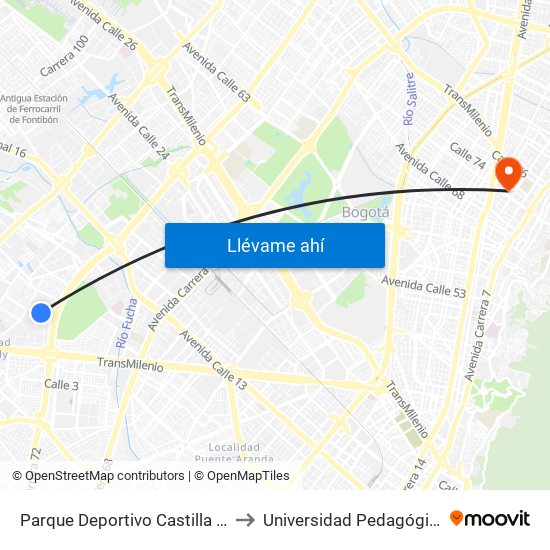 Parque Deportivo Castilla (Ac 8 - Kr 73) to Universidad Pedagógica Nacional map
