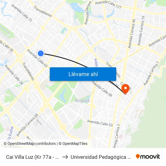 Cai Villa Luz (Kr 77a - Cl 64b) to Universidad Pedagógica Nacional map