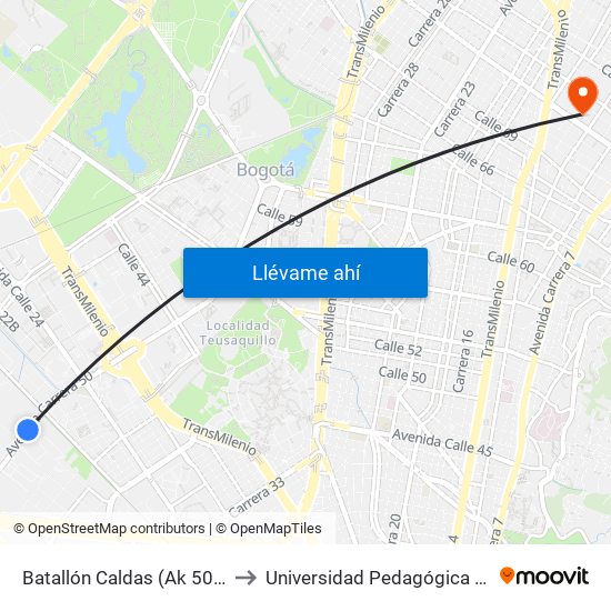 Batallón Caldas (Ak 50 - Cl 19) to Universidad Pedagógica Nacional map