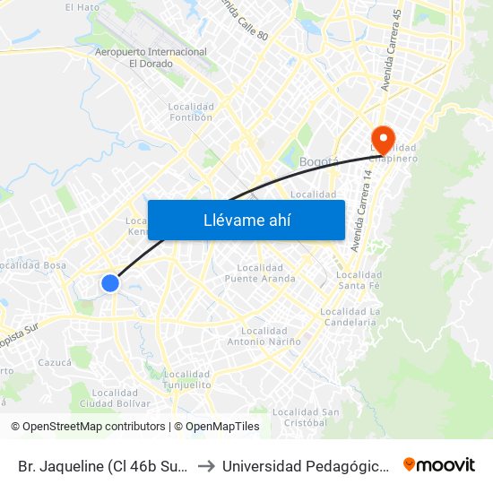 Br. Jaqueline (Cl 46b Sur - Kr 77v) to Universidad Pedagógica Nacional map