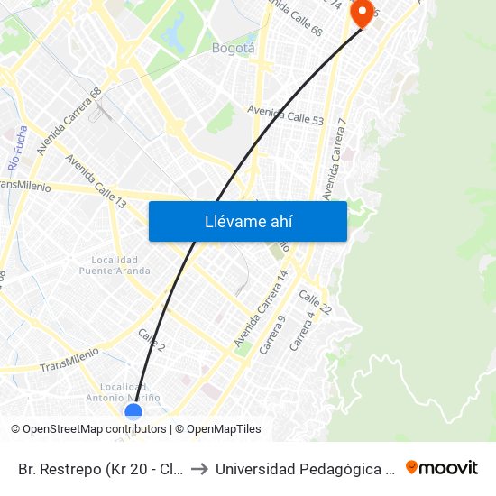 Br. Restrepo (Kr 20 - Cl 18 Sur) to Universidad Pedagógica Nacional map