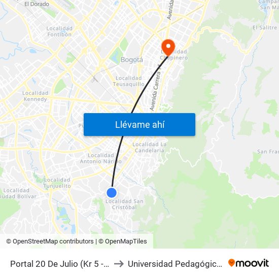 Portal 20 De Julio (Kr 5 - Cl 31 Sur) to Universidad Pedagógica Nacional map