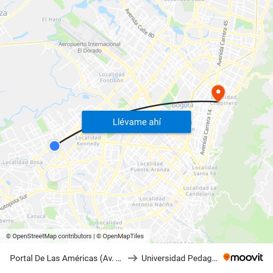 Portal De Las Américas (Av. C. De Cali - Av. V/Cio) to Universidad Pedagógica Nacional map