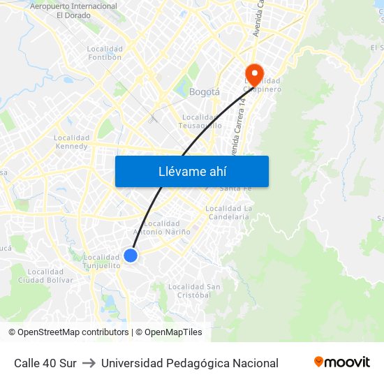 Calle 40 Sur to Universidad Pedagógica Nacional map