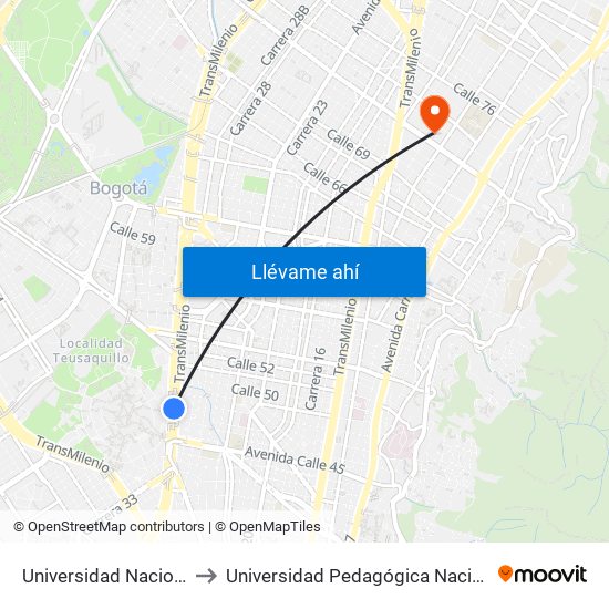 Universidad Nacional to Universidad Pedagógica Nacional map