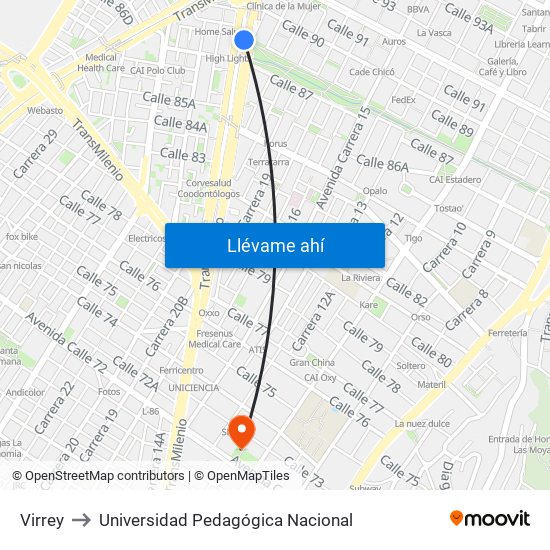 Virrey to Universidad Pedagógica Nacional map