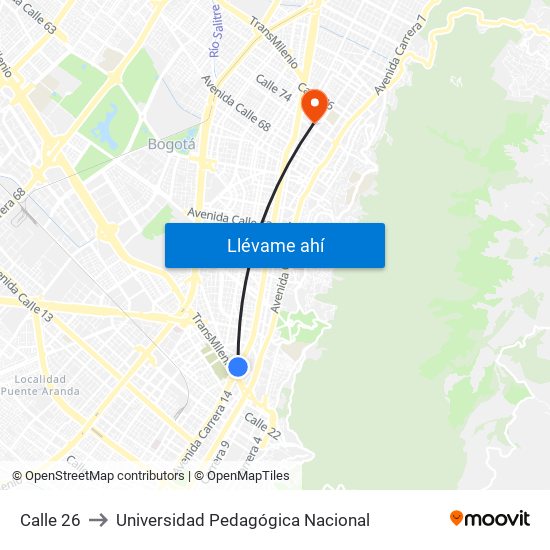 Calle 26 to Universidad Pedagógica Nacional map