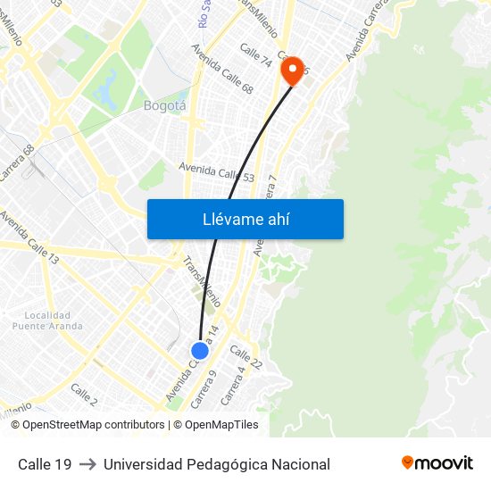 Calle 19 to Universidad Pedagógica Nacional map