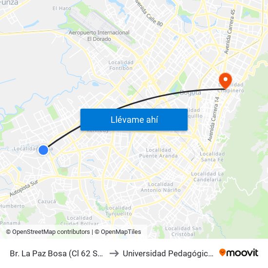 Br. La Paz Bosa (Cl 62 Sur - Kr 82c) to Universidad Pedagógica Nacional map