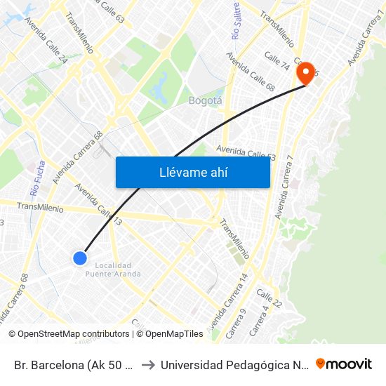 Br. Barcelona (Ak 50 - Ac 3) to Universidad Pedagógica Nacional map