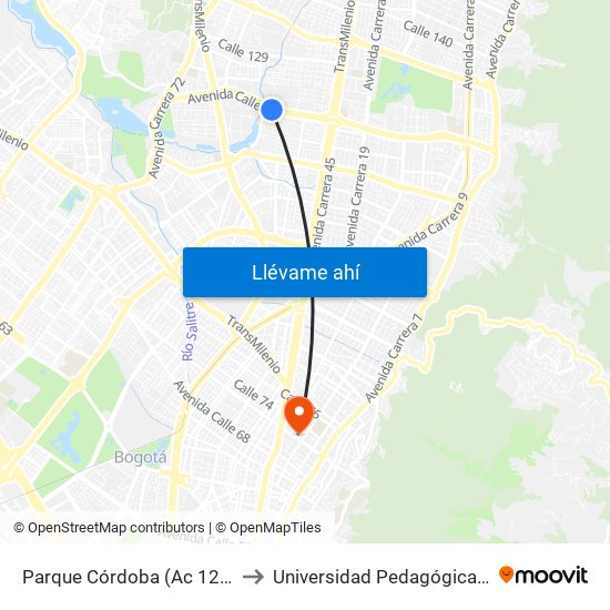 Parque Córdoba (Ac 127 - Kr 54) to Universidad Pedagógica Nacional map