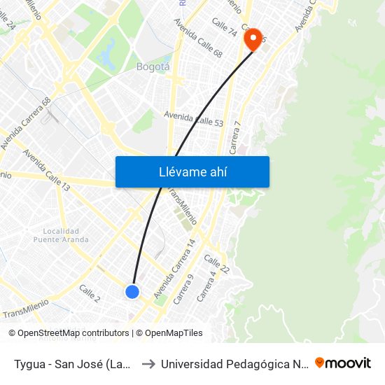 Tygua - San José (Lado Sur) to Universidad Pedagógica Nacional map